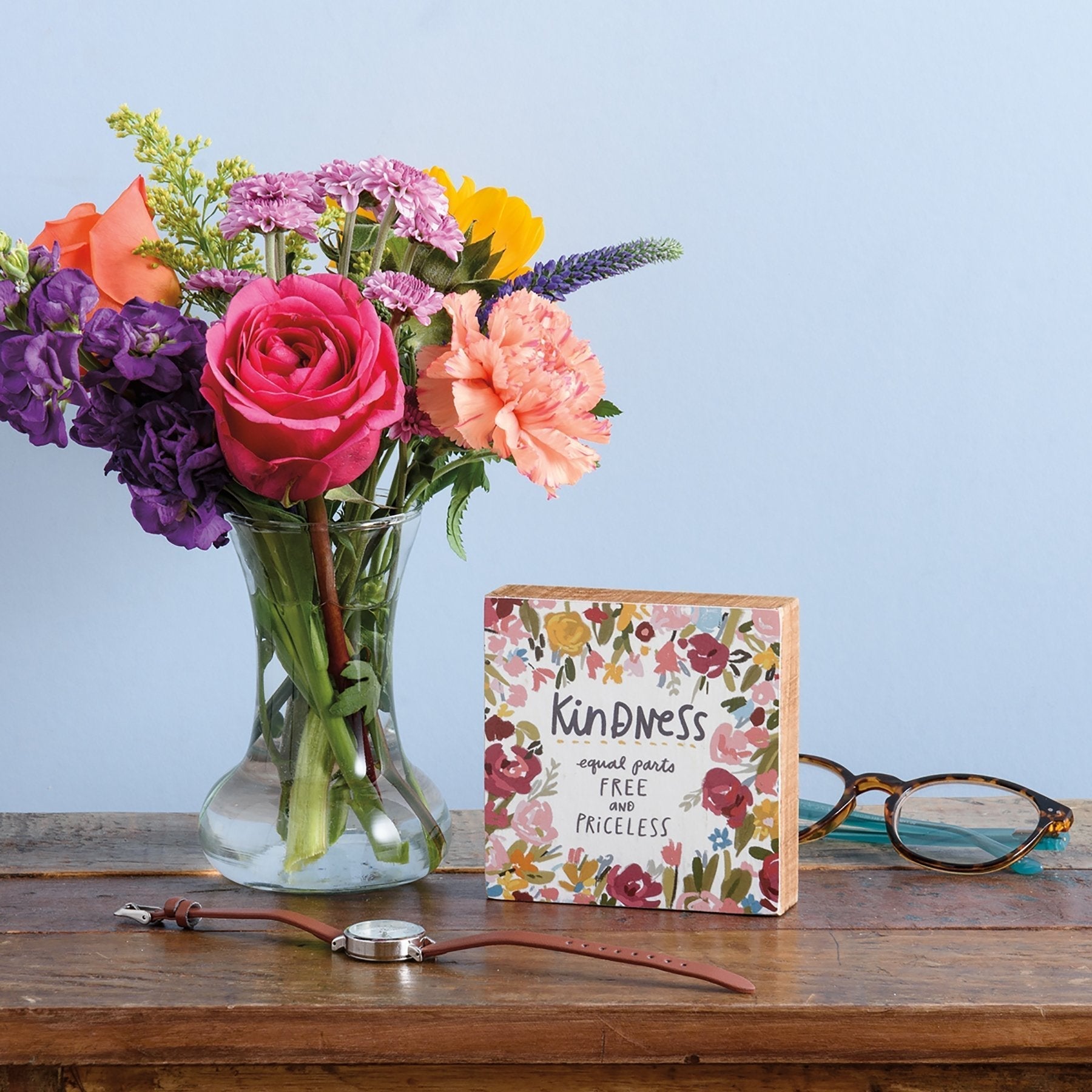Kindness Equal Parts Free And Priceless Inspo Wooden Block Sign | 4" x 4" by The Bullish Store