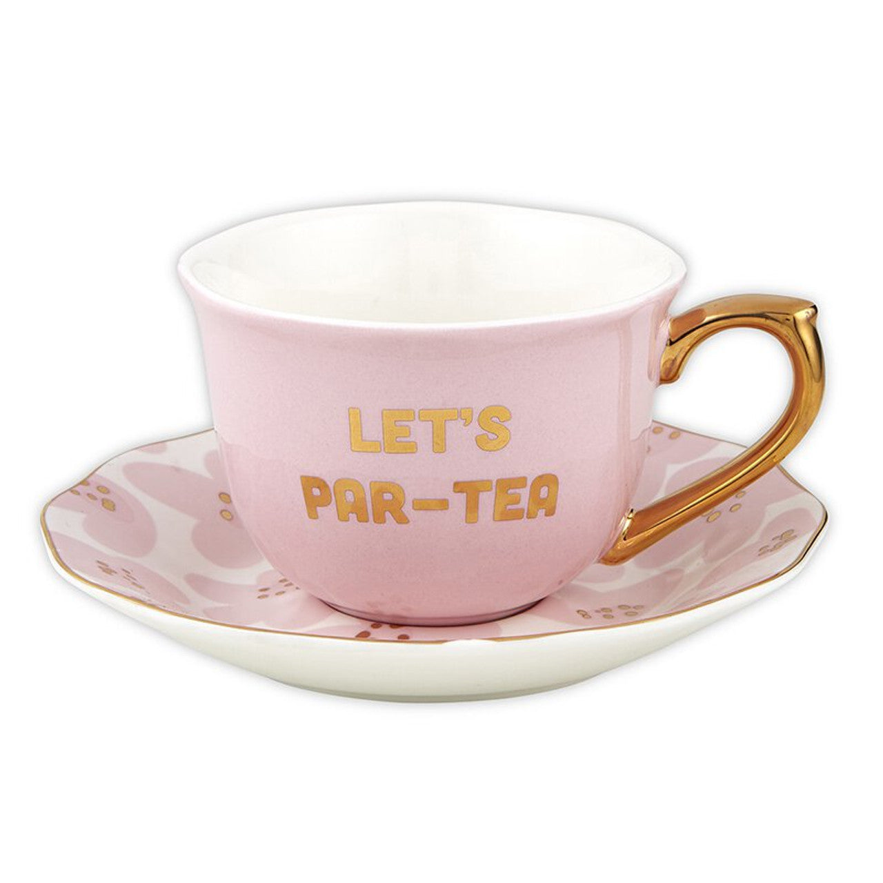 Let's Par-tea Tea Cup and Saucer Set in Pink, Gold and Floral by The Bullish Store