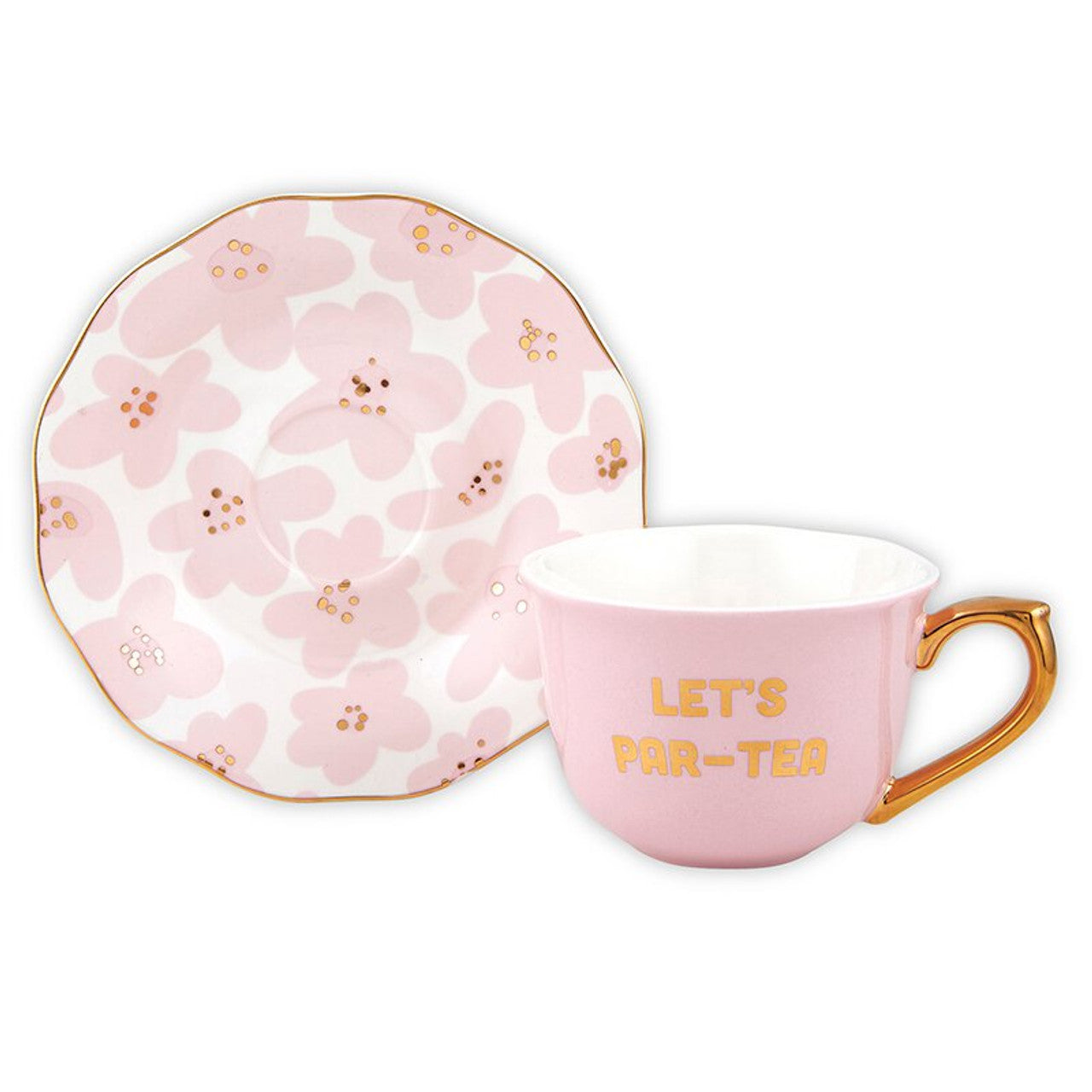 Let's Par-tea Tea Cup and Saucer Set in Pink, Gold and Floral by The Bullish Store
