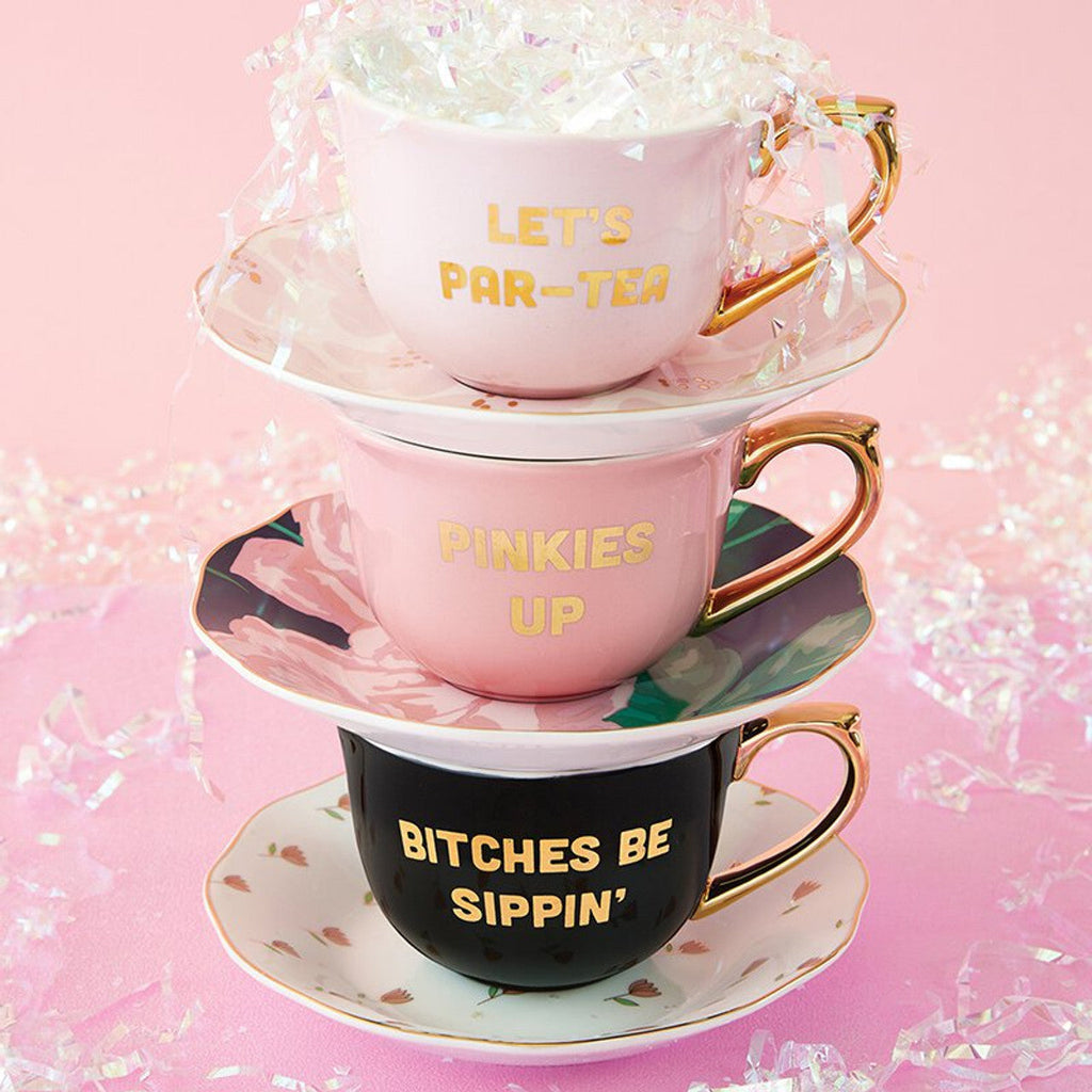 Let's Par-tea Tea Cup and Saucer Set in Pink, Gold and Floral by The Bullish Store