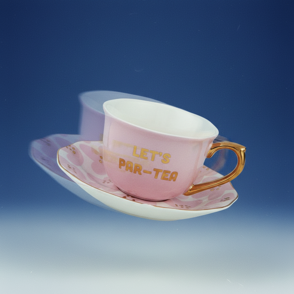 Let's Par-tea Tea Cup and Saucer Set in Pink, Gold and Floral by The Bullish Store