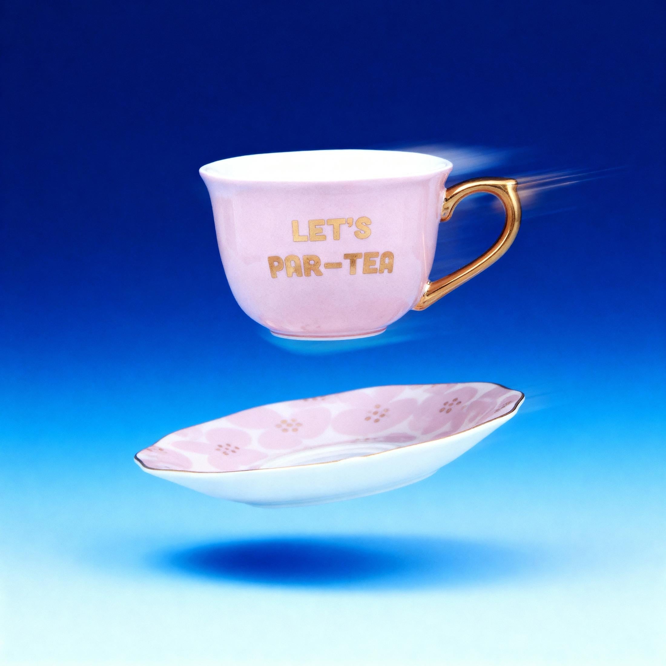 Let's Par-tea Tea Cup and Saucer Set in Pink, Gold and Floral by The Bullish Store
