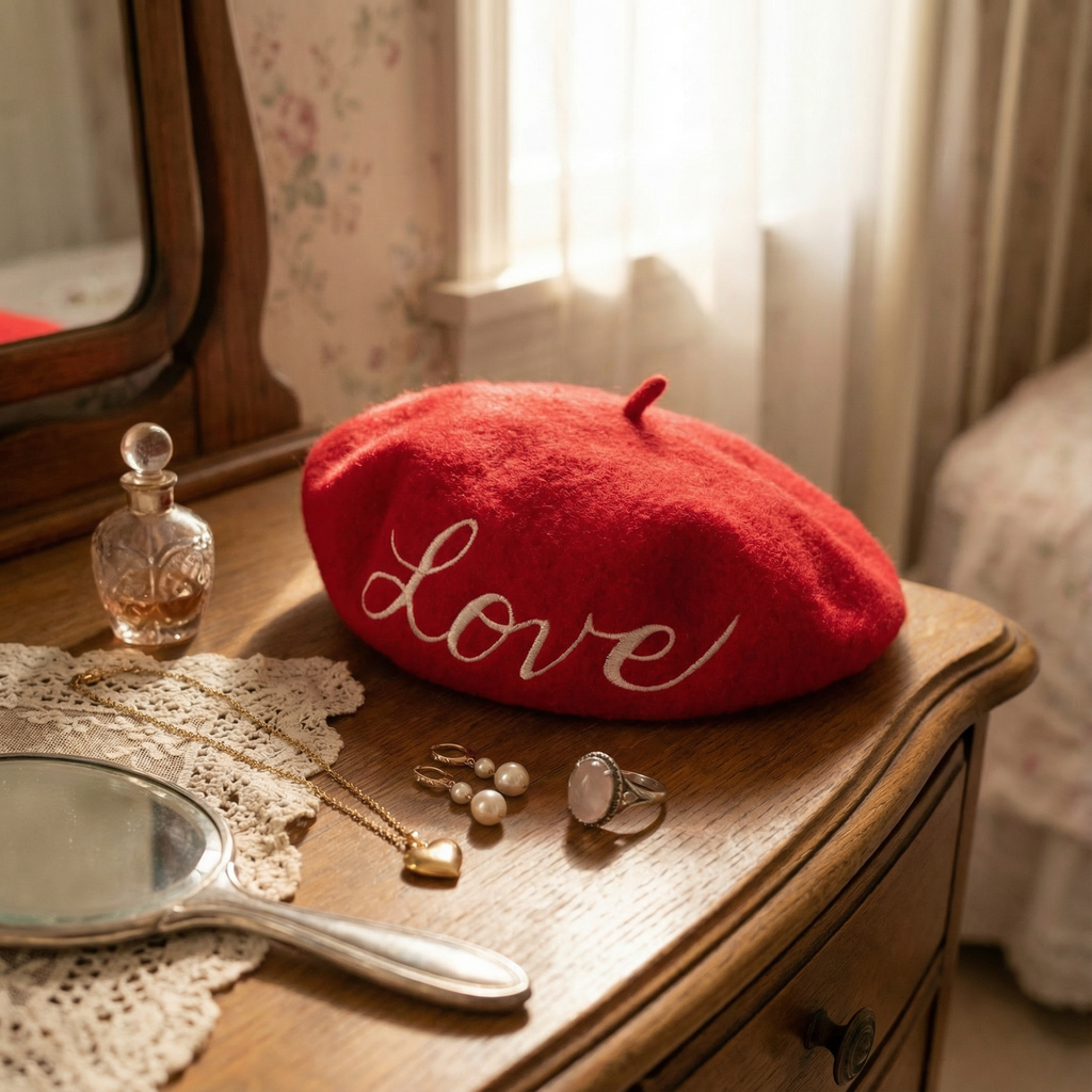 Love Embroidered Beret in Red by The Bullish Store