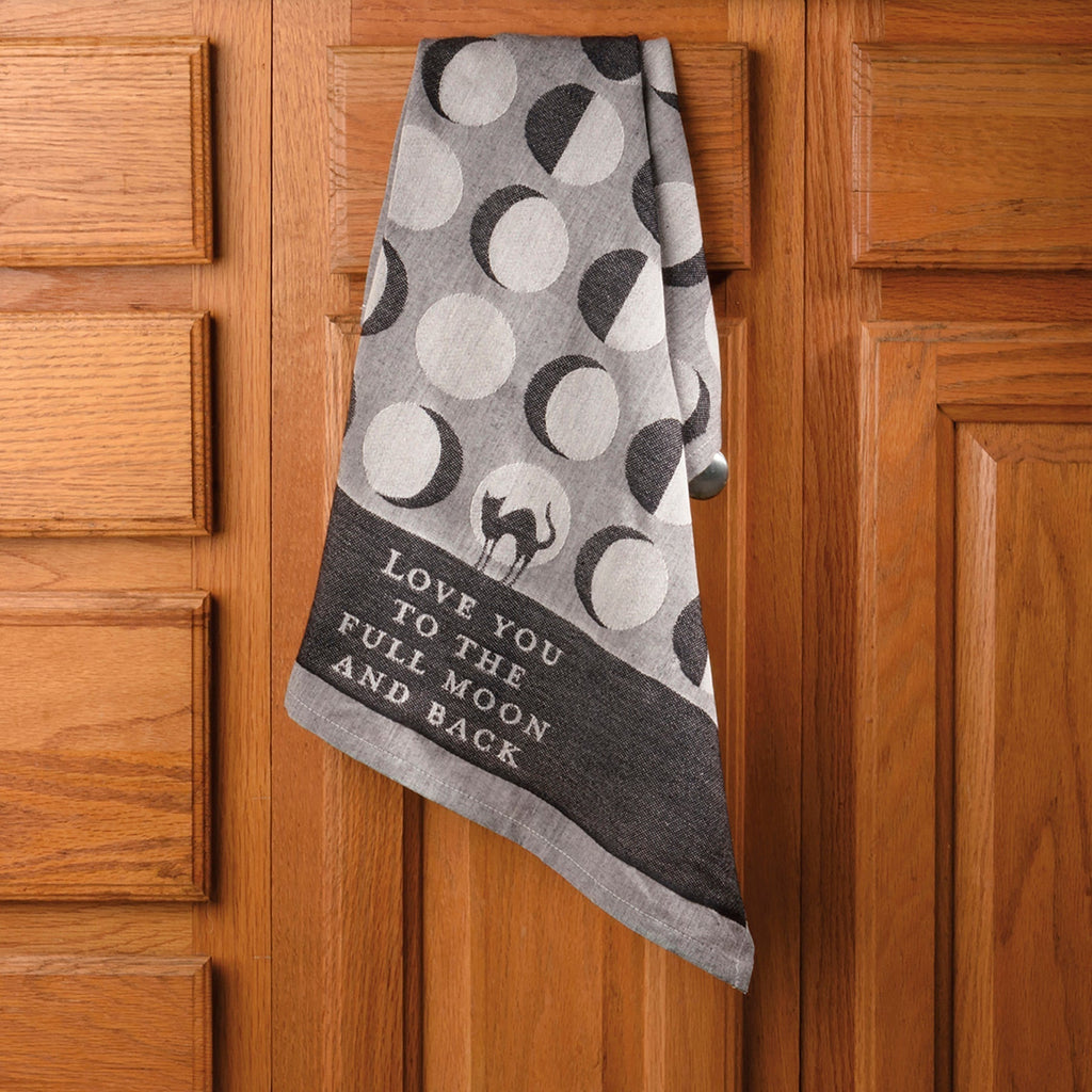 Love You To The Full Moon And Back Kitchen Towel | Gothic Black Cat Mystical Moon Phases | 20" x 28" by The Bullish Store