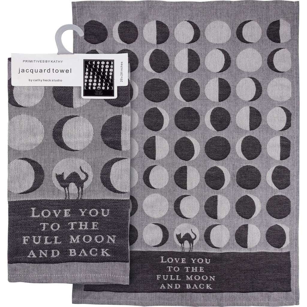Love You To The Full Moon And Back Kitchen Towel | Gothic Black Cat Mystical Moon Phases | 20" x 28" by The Bullish Store