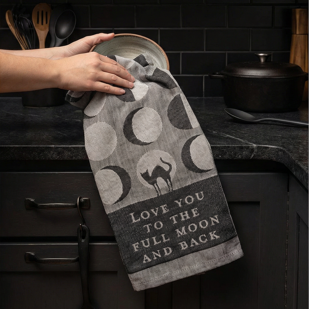 Love You To The Full Moon And Back Kitchen Towel | Gothic Black Cat Mystical Moon Phases | 20" x 28" by The Bullish Store