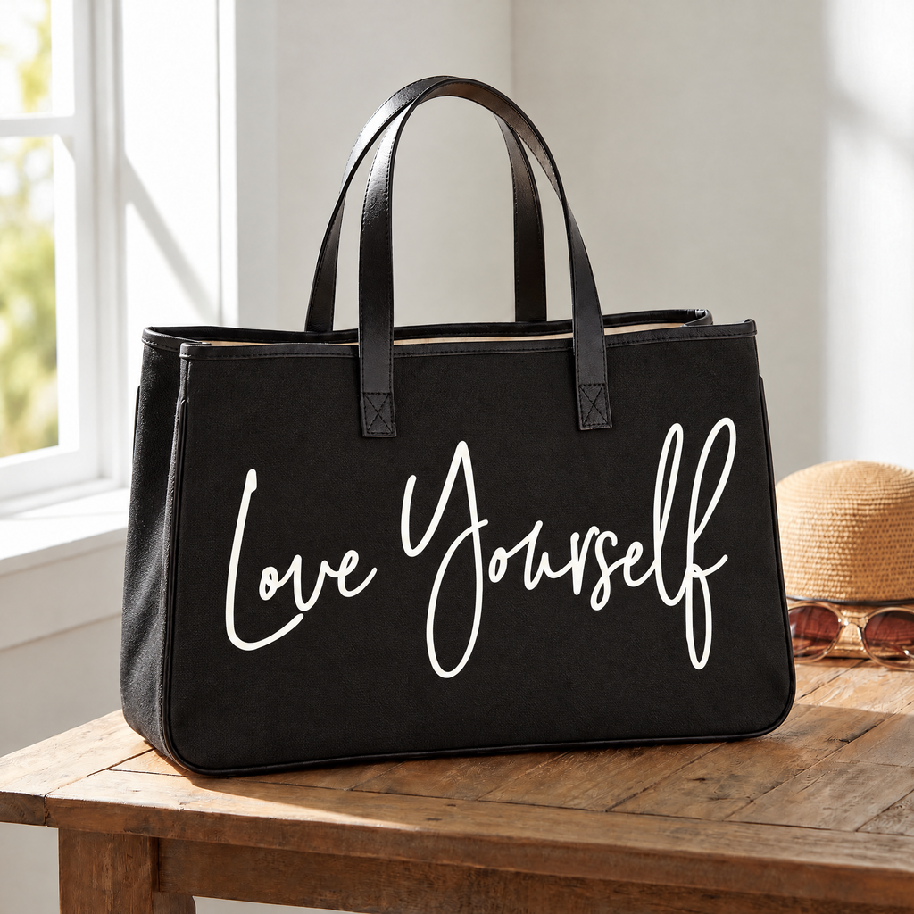 Love Yourself Large Rectangular Tote Bag | Genuine Leather Handles by The Bullish Store
