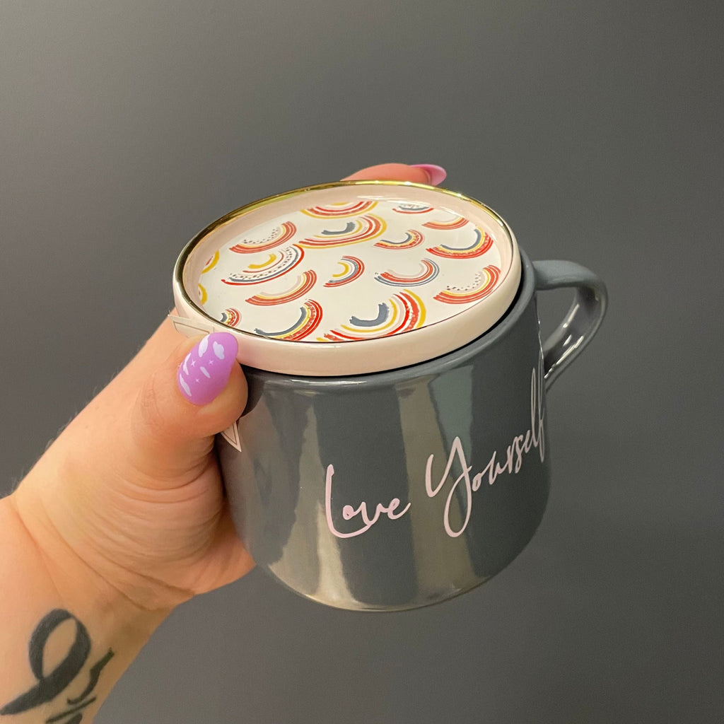 Love Yourself Mug & Coaster Lid with Rainbow Design by The Bullish Store