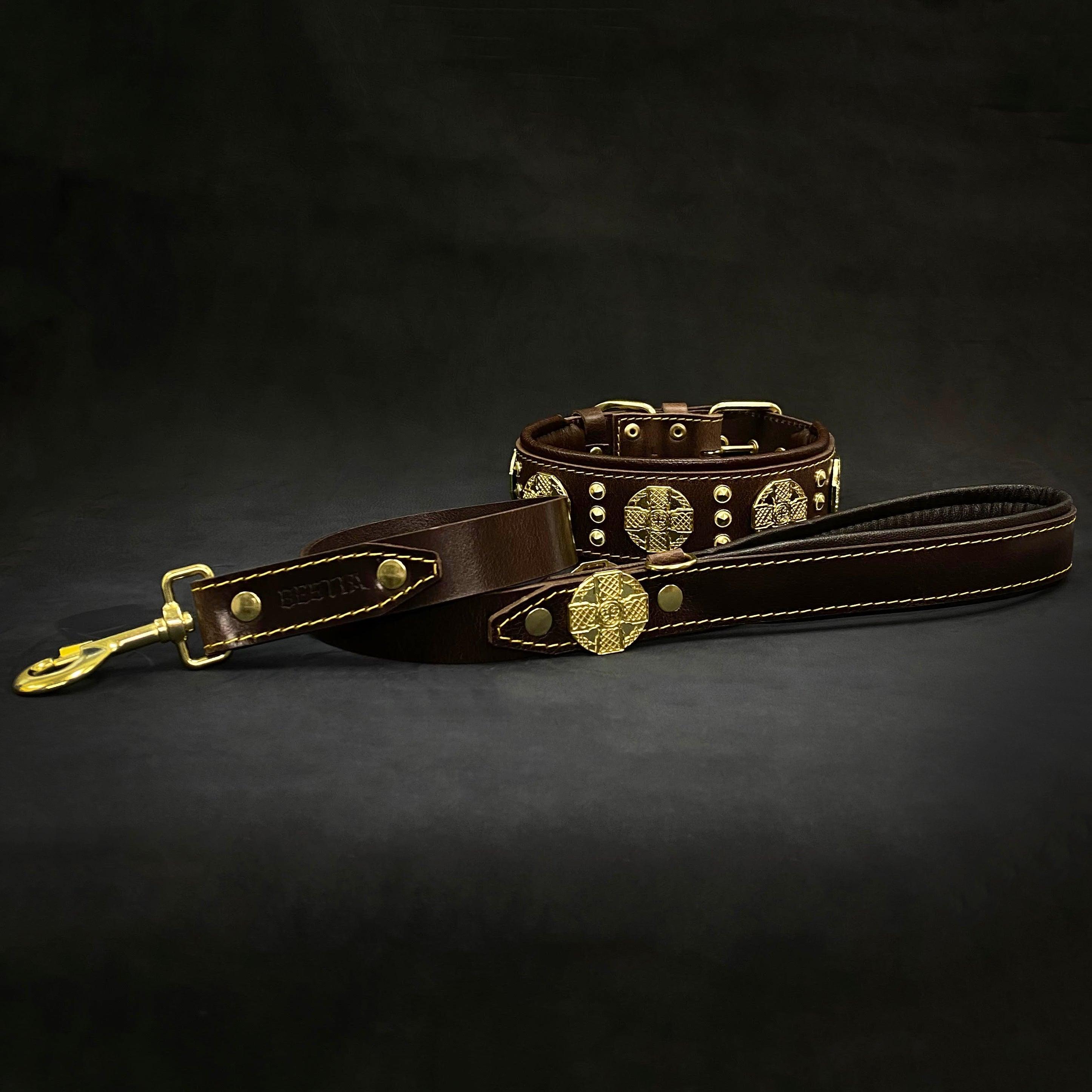 The "Maximus" collar 2.5 inch wide brown & gold by Bestia Dog Gear