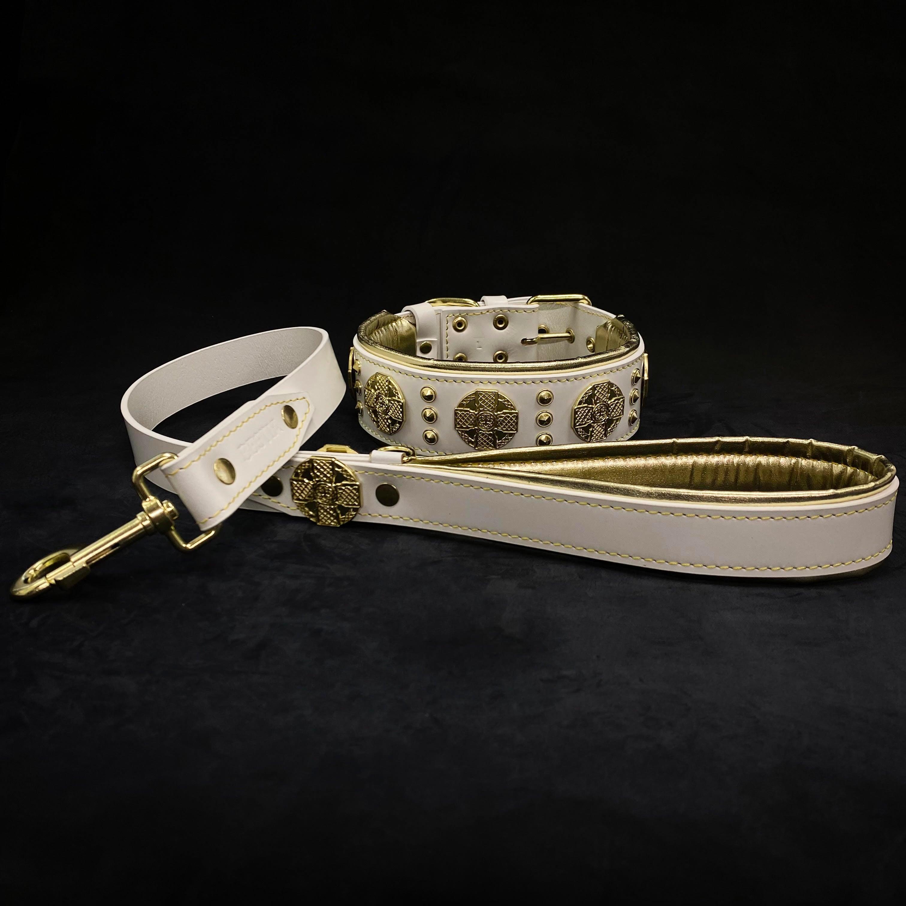 The "Maximus" collar 2.5 inch wide white & gold by Bestia Dog Gear