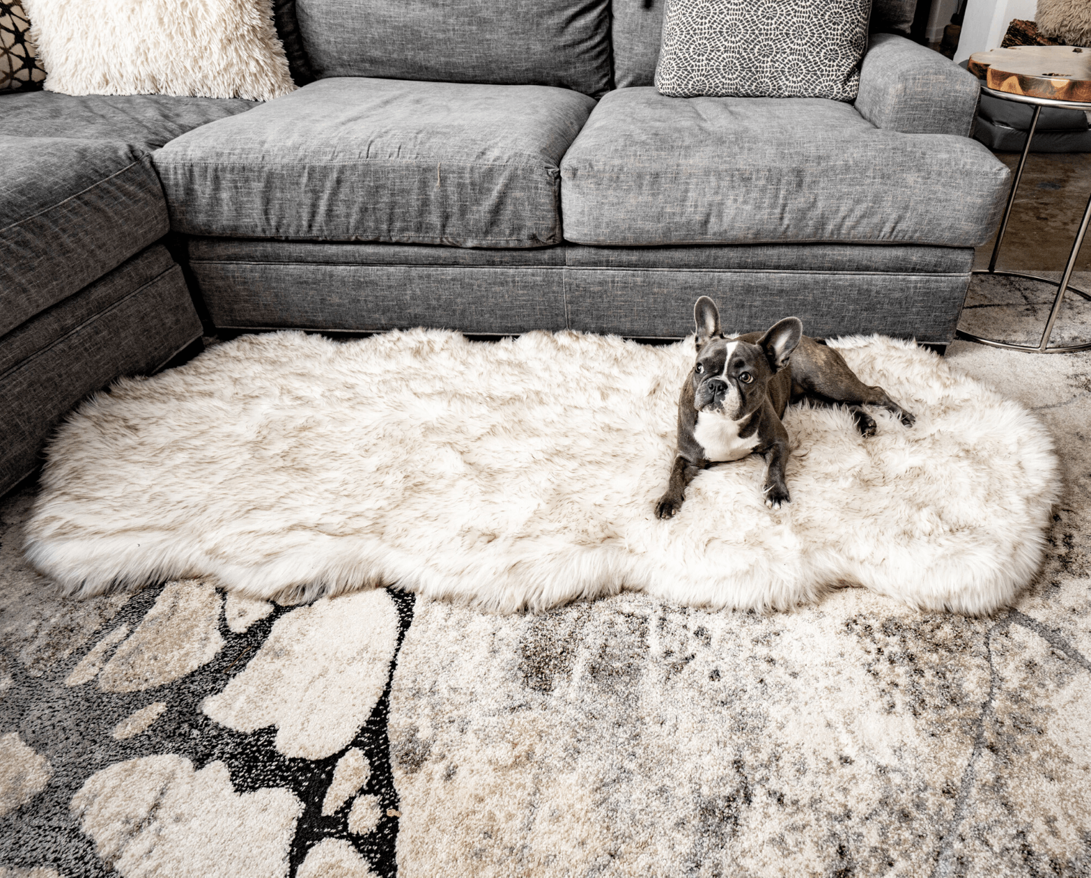 PupRug® Runner Faux Fur Memory Foam Dog Bed - Curve White with Brown Accents by Paw.com