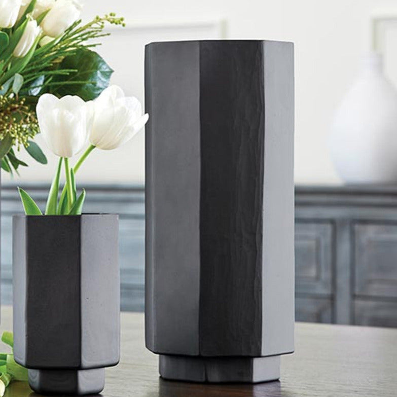 Matte Black Glass Hurricane Vase | Small Hexagonal Flower Vase | 3.5" x 6.5" by The Bullish Store