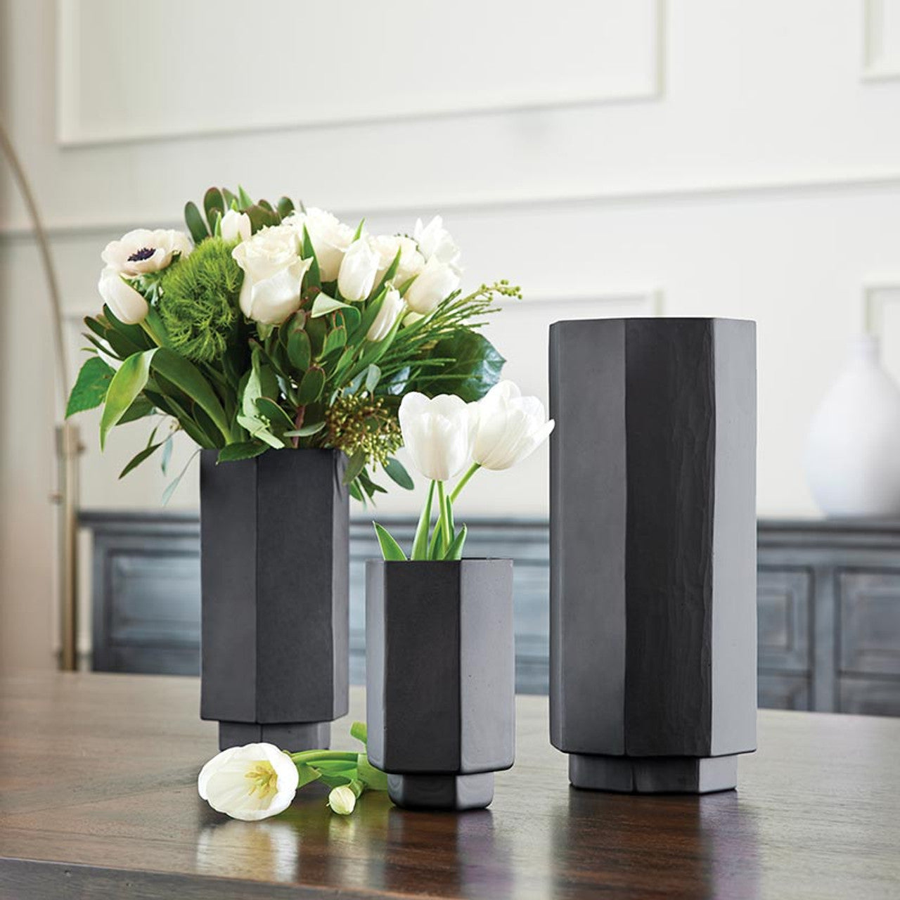Matte Black Glass Hurricane Vase | Small Hexagonal Flower Vase | 3.5" x 6.5" by The Bullish Store