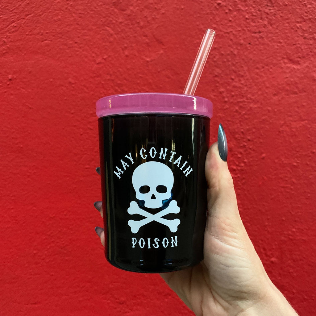 May Contain Poison Glass Double Old Fashioned with Lid and Straw | Halloween Spooky Tumbler by The Bullish Store