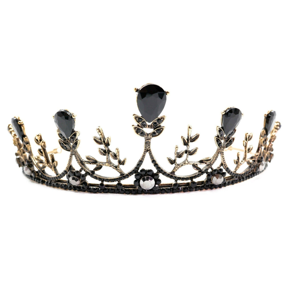 Midnight Blossom Tiara Crown in Gold with Black Gems | Dark Princess Gothic Crown Party or Bridal Hair Accessory by The Bullish Store