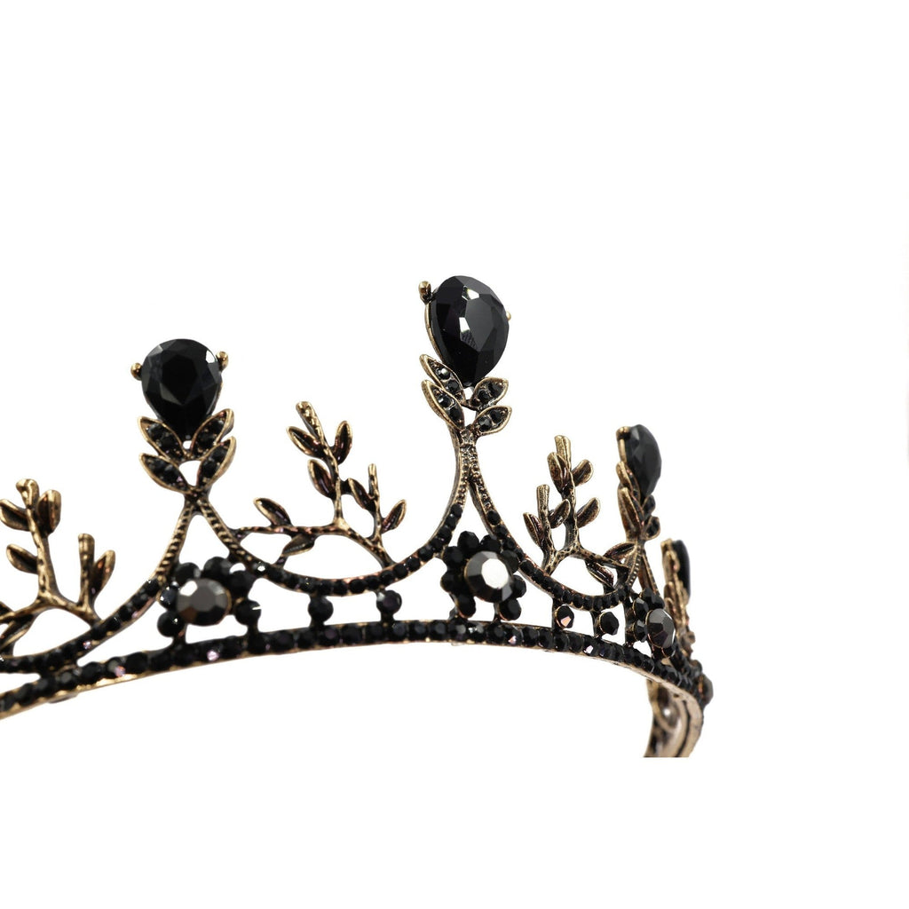 Midnight Blossom Tiara Crown in Gold with Black Gems | Dark Princess Gothic Crown Party or Bridal Hair Accessory by The Bullish Store