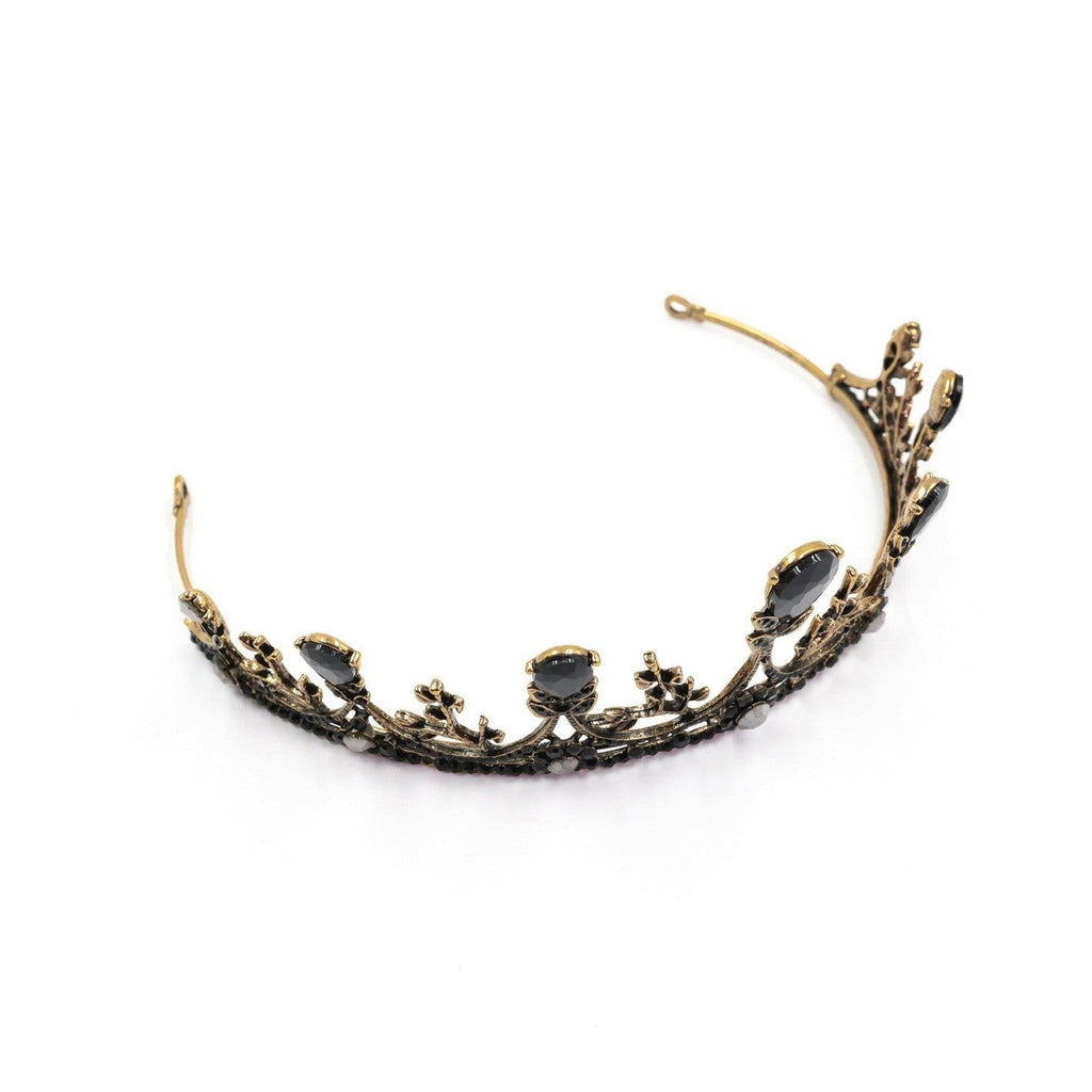 Midnight Blossom Tiara Crown in Gold with Black Gems | Dark Princess Gothic Crown Party or Bridal Hair Accessory by The Bullish Store