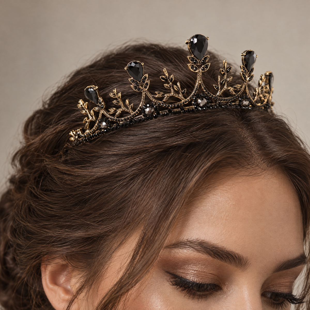 Midnight Blossom Tiara Crown in Gold with Black Gems | Dark Princess Gothic Crown Party or Bridal Hair Accessory by The Bullish Store