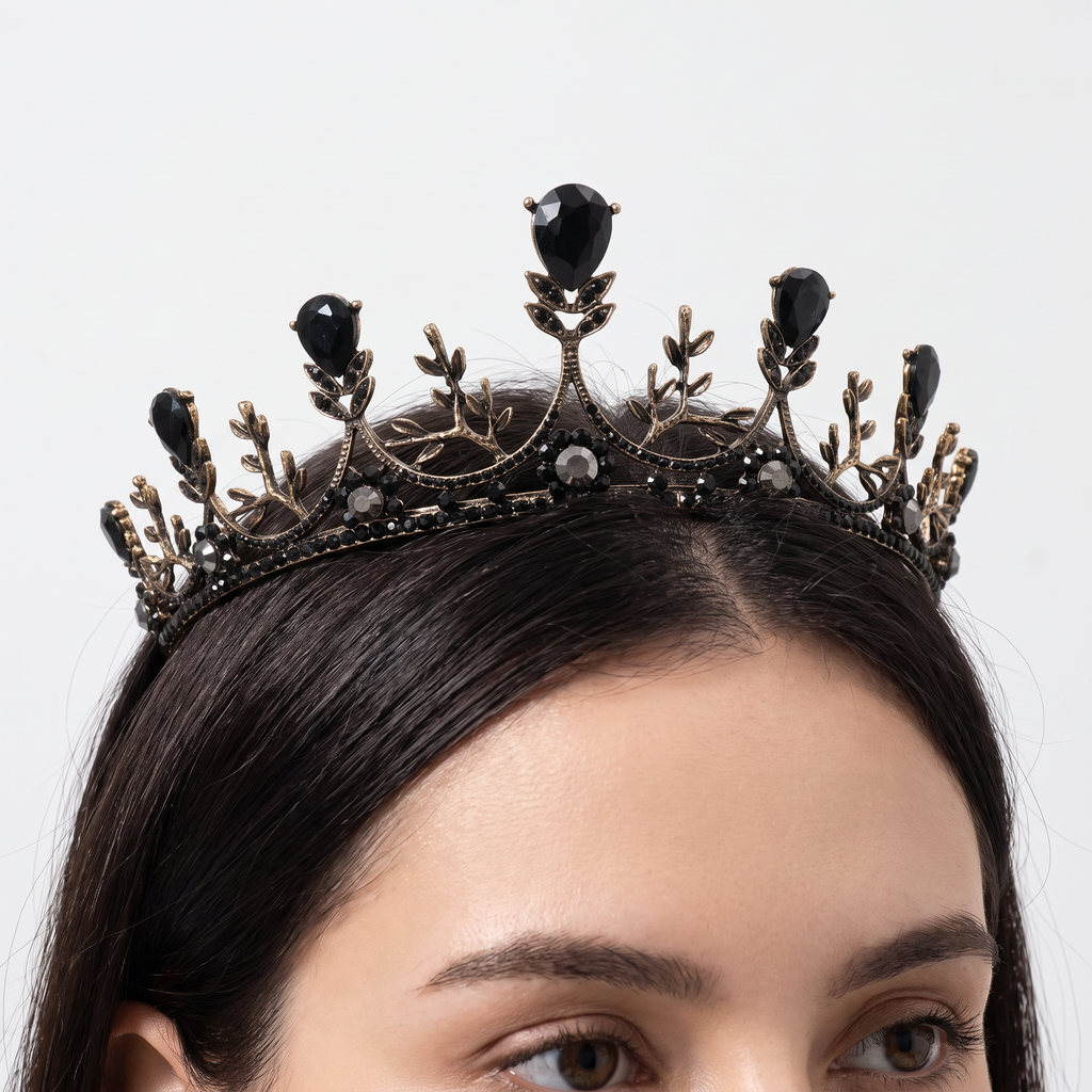 Midnight Blossom Tiara Crown in Gold with Black Gems | Dark Princess Gothic Crown Party or Bridal Hair Accessory by The Bullish Store
