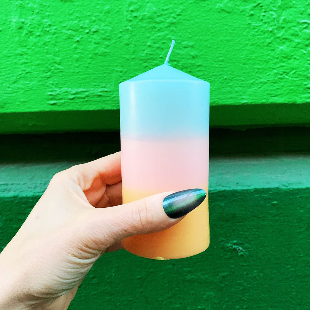 Mini Pillar Candle in Blue Pink Orange | Tri-Colored Ombre Aesthetic Table Candle 4.75" by The Bullish Store