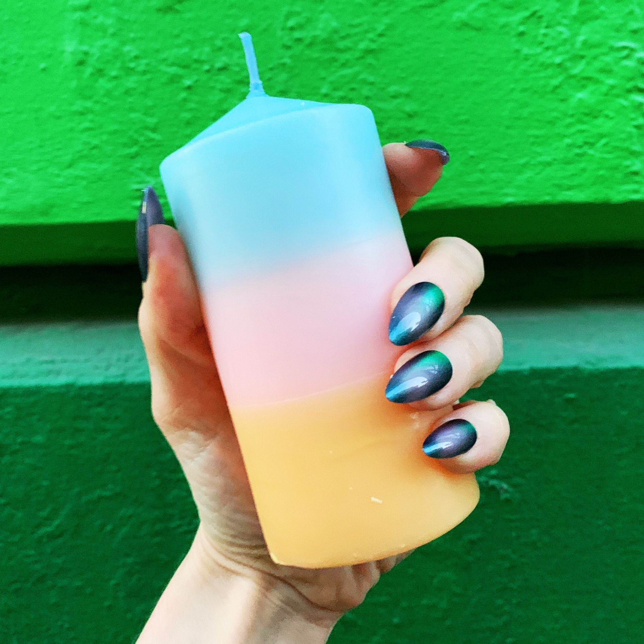 Mini Pillar Candle in Blue Pink Orange | Tri-Colored Ombre Aesthetic Table Candle 4.75" by The Bullish Store