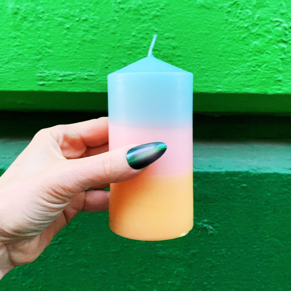 Mini Pillar Candle in Blue Pink Orange | Tri-Colored Ombre Aesthetic Table Candle 4.75" by The Bullish Store