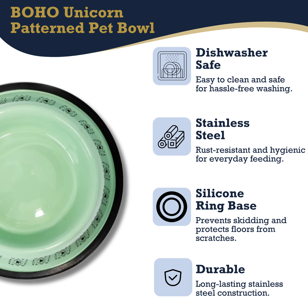 Non-Skid Boho Stainless Steel Dog Bowl – with Whimsical Unicorn Design, Silicone Base for Medium Dogs – 24oz