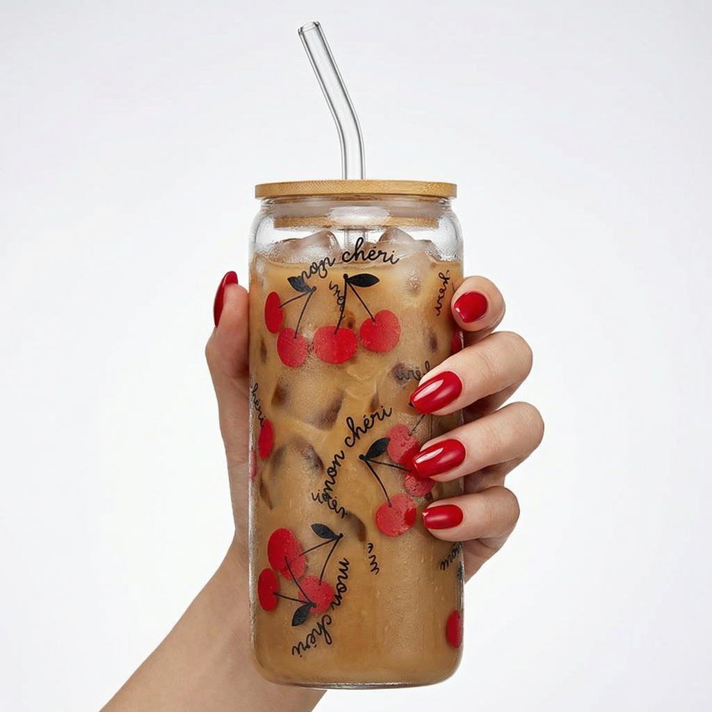 Mon Cheri Glass Tumbler with Bamboo Lid and Glass Straw | Travel Drinkware | 20oz by The Bullish Store