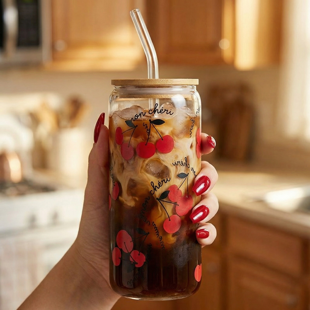 Mon Cheri Glass Tumbler with Bamboo Lid and Glass Straw | Travel Drinkware | 20oz by The Bullish Store