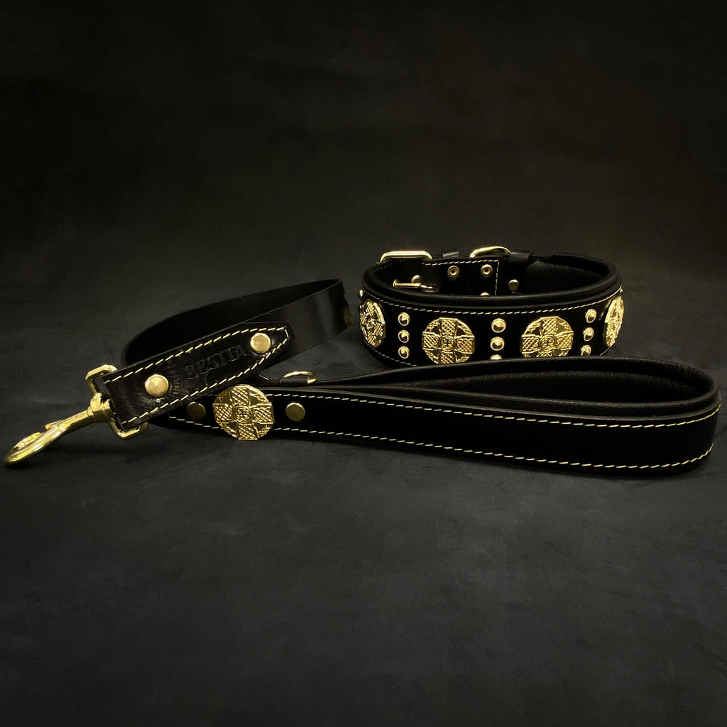 The "Maximus" collar 2.5 inch wide black & gold by Bestia Dog Gear