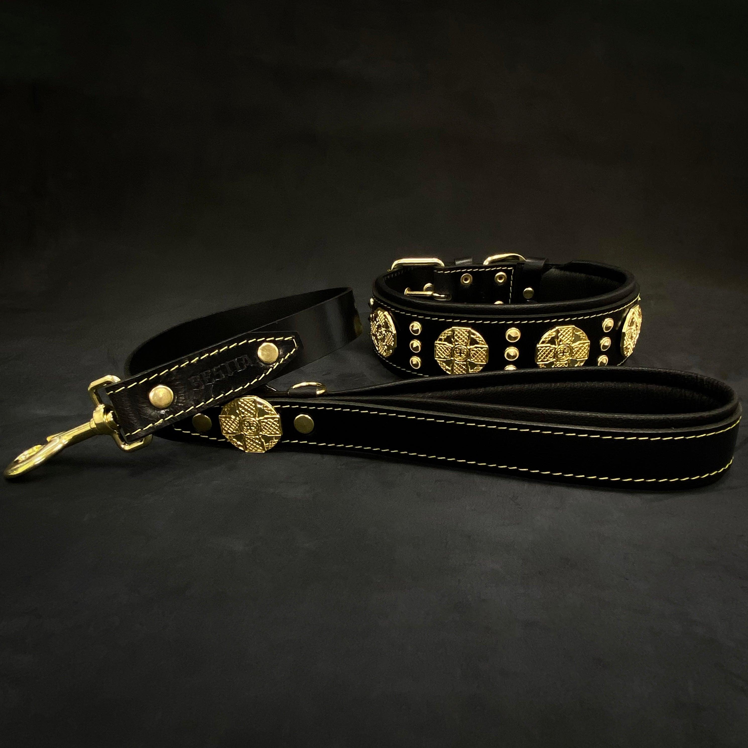 The "Maximus" collar 2.5 inch wide black & gold by Bestia Dog Gear
