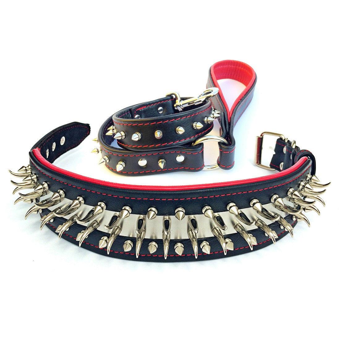 Set collar and leash. spikes & stainless steel, 2.8 inch wide. Made in Europe! by Bestia Dog Gear