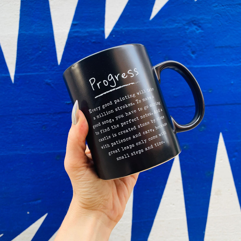 Progress Mug in Matte Black | Double-sided Stoneware Coffee Tea Cup | 20oz by The Bullish Store