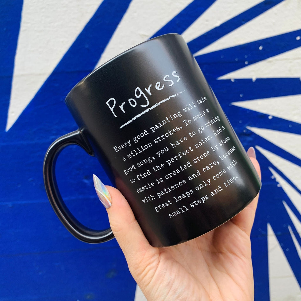 Progress Mug in Matte Black | Double-sided Stoneware Coffee Tea Cup | 20oz by The Bullish Store