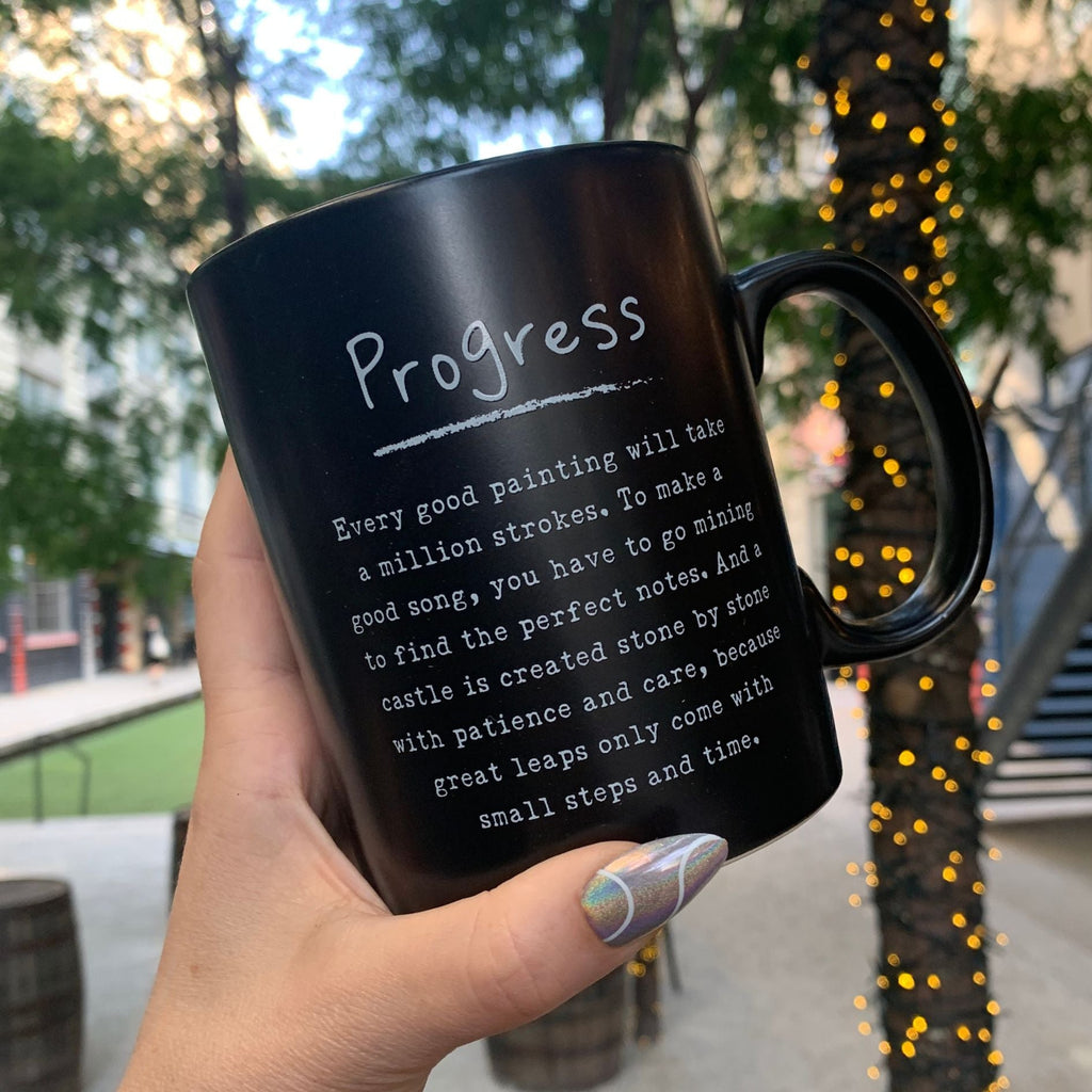 Progress Mug in Matte Black | Double-sided Stoneware Coffee Tea Cup | 20oz by The Bullish Store