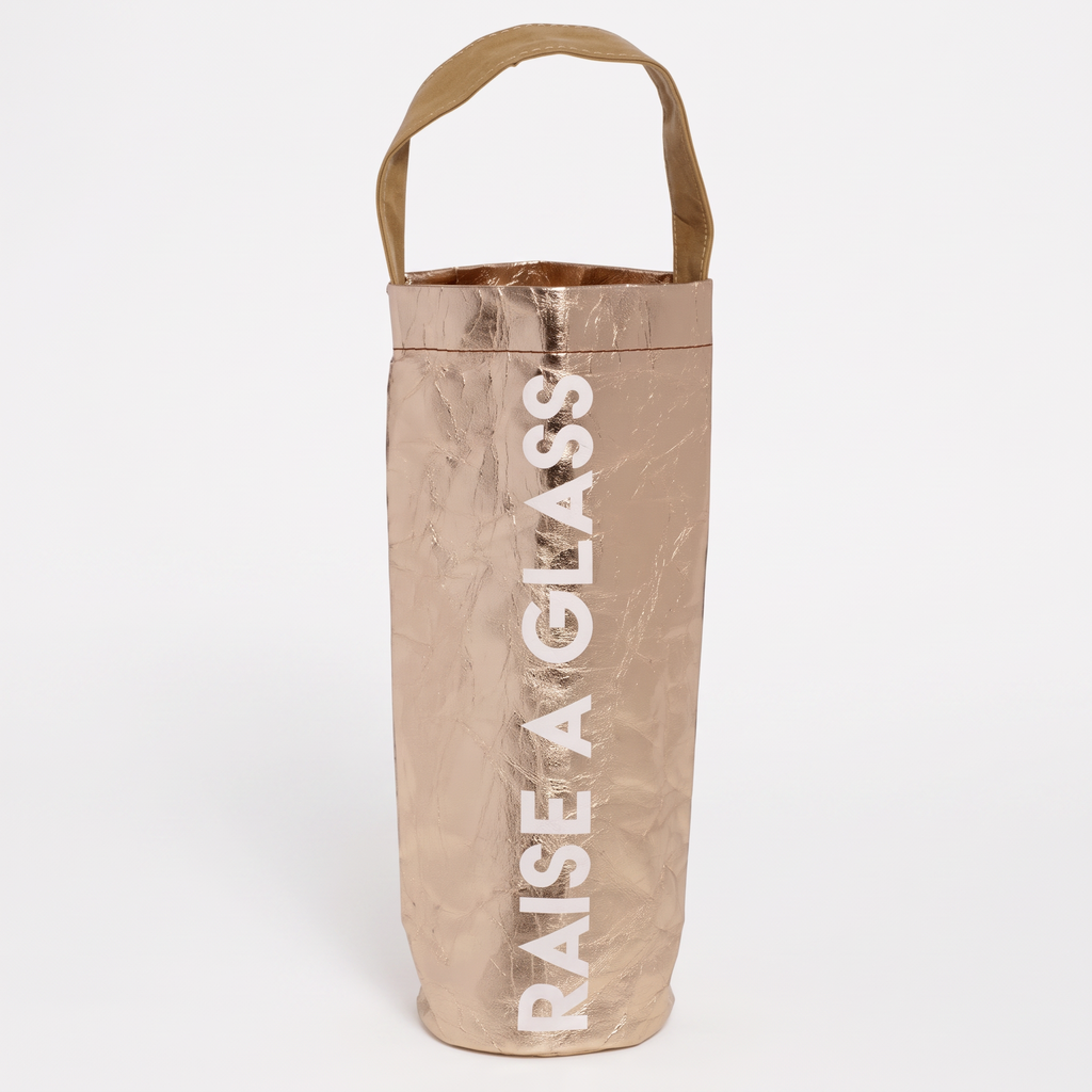 Raise a Glass Rose Gold Wine Bottle Bag | Holds Standard Wine Bottle for Gifting by The Bullish Store