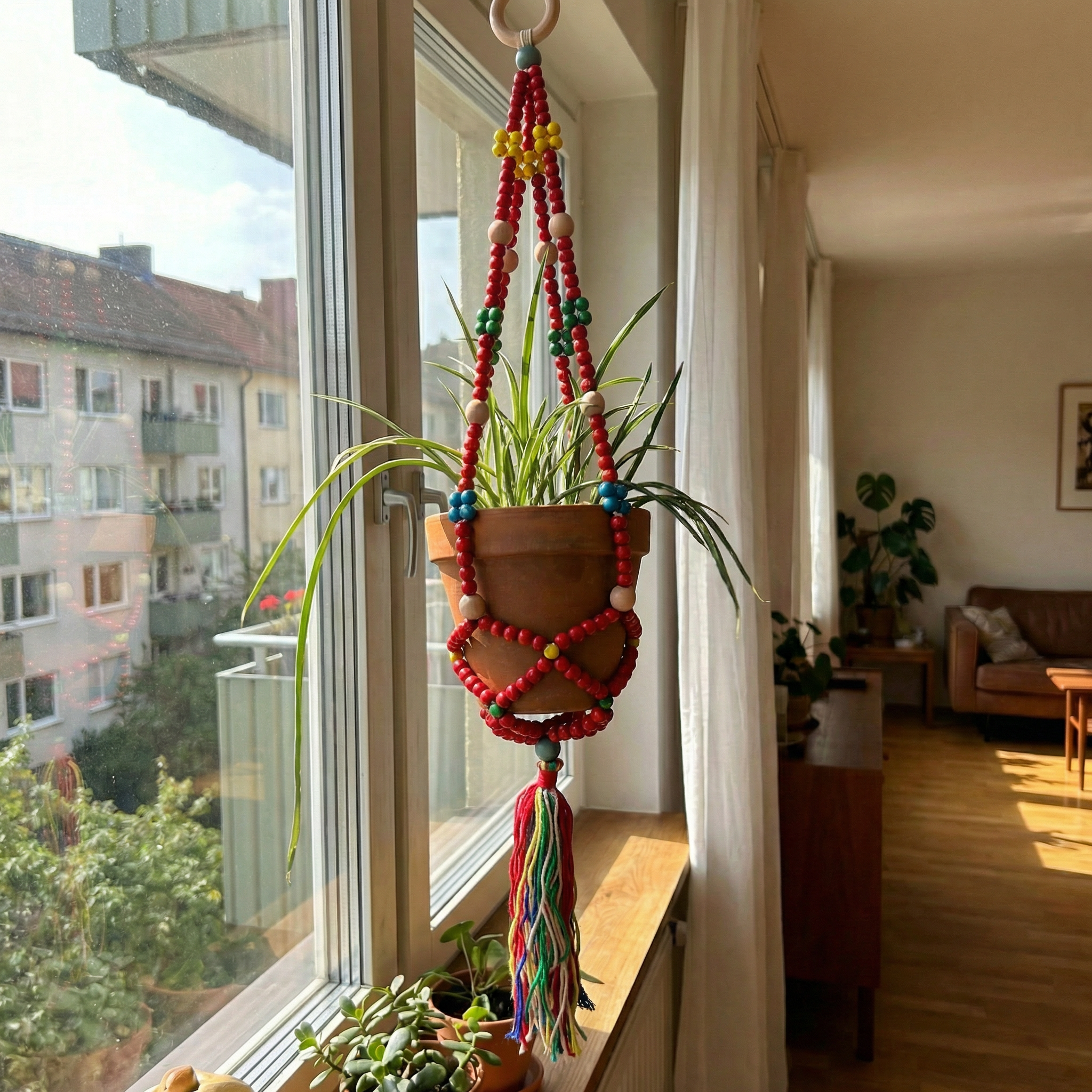 Red Macrame Plant Holder | Boho Hanging Decor Flowerpot Holder by The Bullish Store