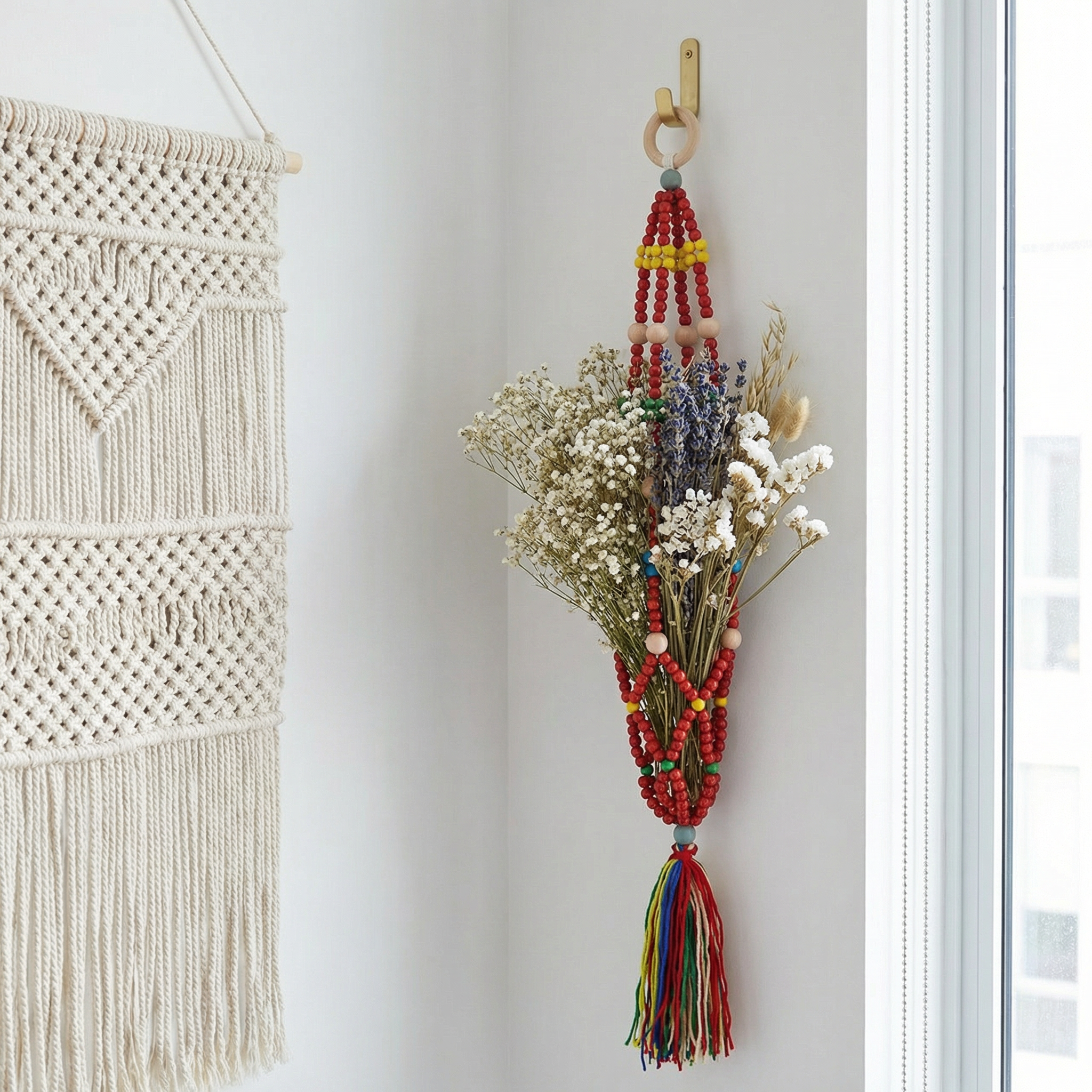 Red Macrame Plant Holder | Boho Hanging Decor Flowerpot Holder by The Bullish Store