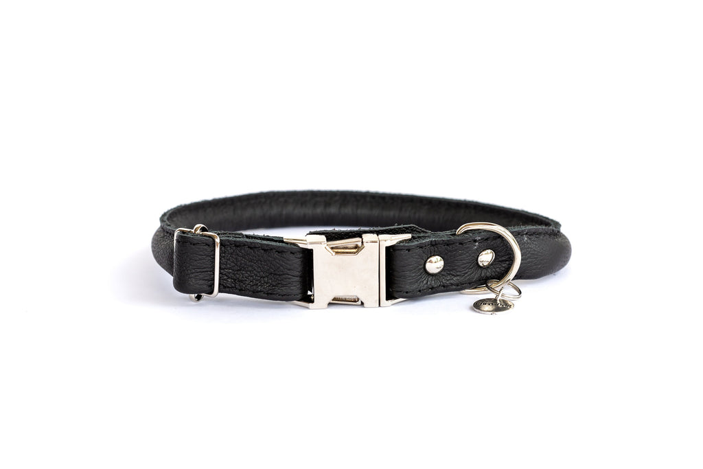 Rolled Style Black Leather Quick-Release Dog Collar by Euro-Dog Collars and Leads