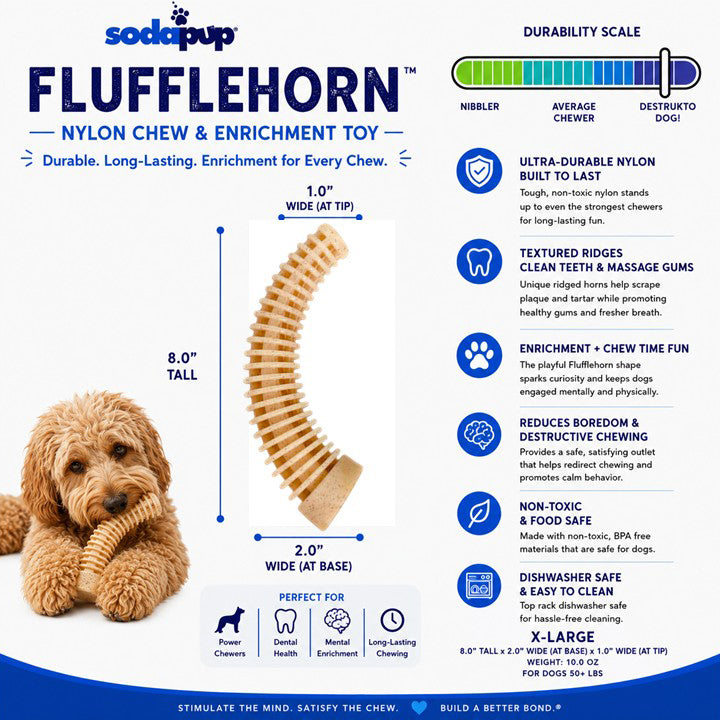 Flufflehorn Dental Antler - Indestructible Nylon Dog Chew Toy XL | USA Made by SodaPup/True Dogs, LLC