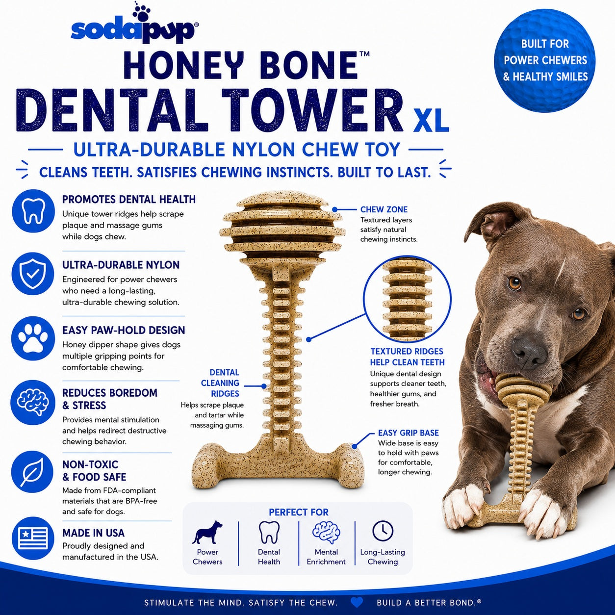 Honey Bone Dental Tower - Indestructible Nylon Dog Chew Toy XL | USA Made by SodaPup/True Dogs, LLC