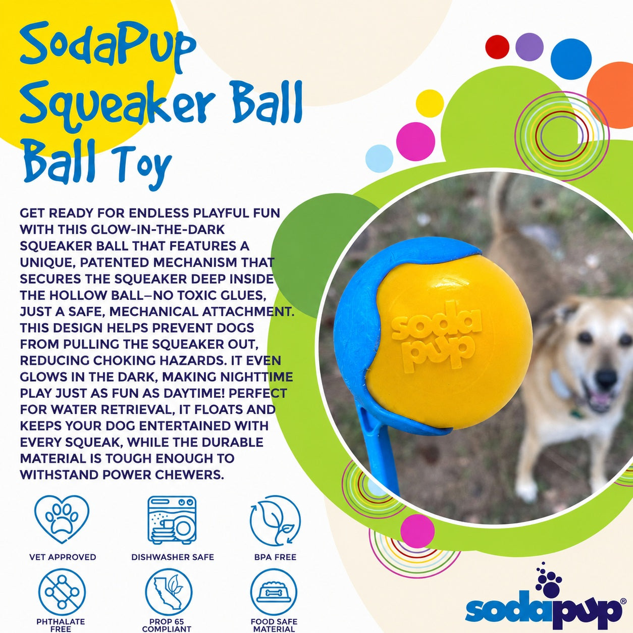 Squeak Ball - Durable Squeaky Dog Toy, Floats, Chew Toy | USA Made by SodaPup/True Dogs, LLC