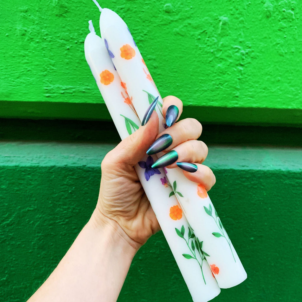 Set of 2 Boho Flowers Tapered Candle | Aesthetic Unscented Table Decor Floral Candle Sticks by The Bullish Store