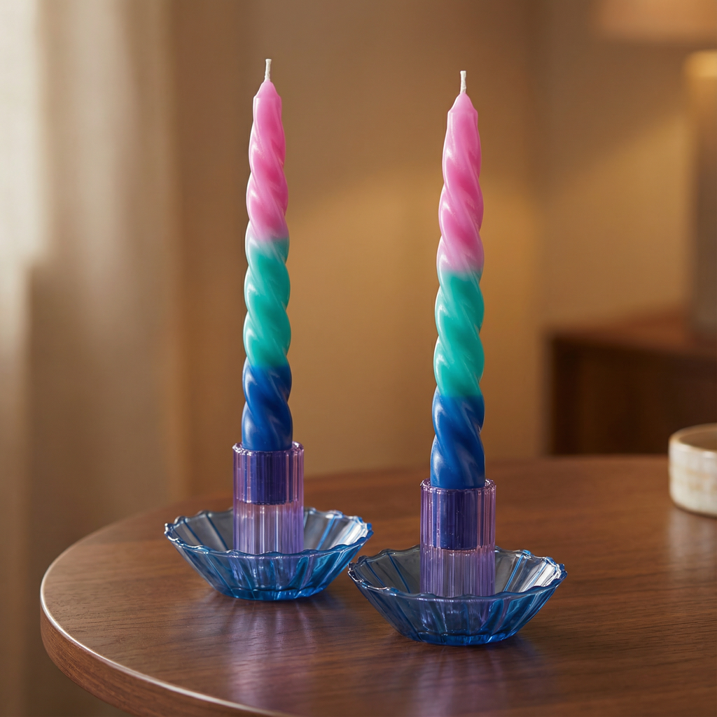 Set of 2 Pastel Taper Candle in Pink Green Blue | Aesthetic Tri-Colored Unscented Dinner Candlesticks | Gift for Her by The Bullish Store