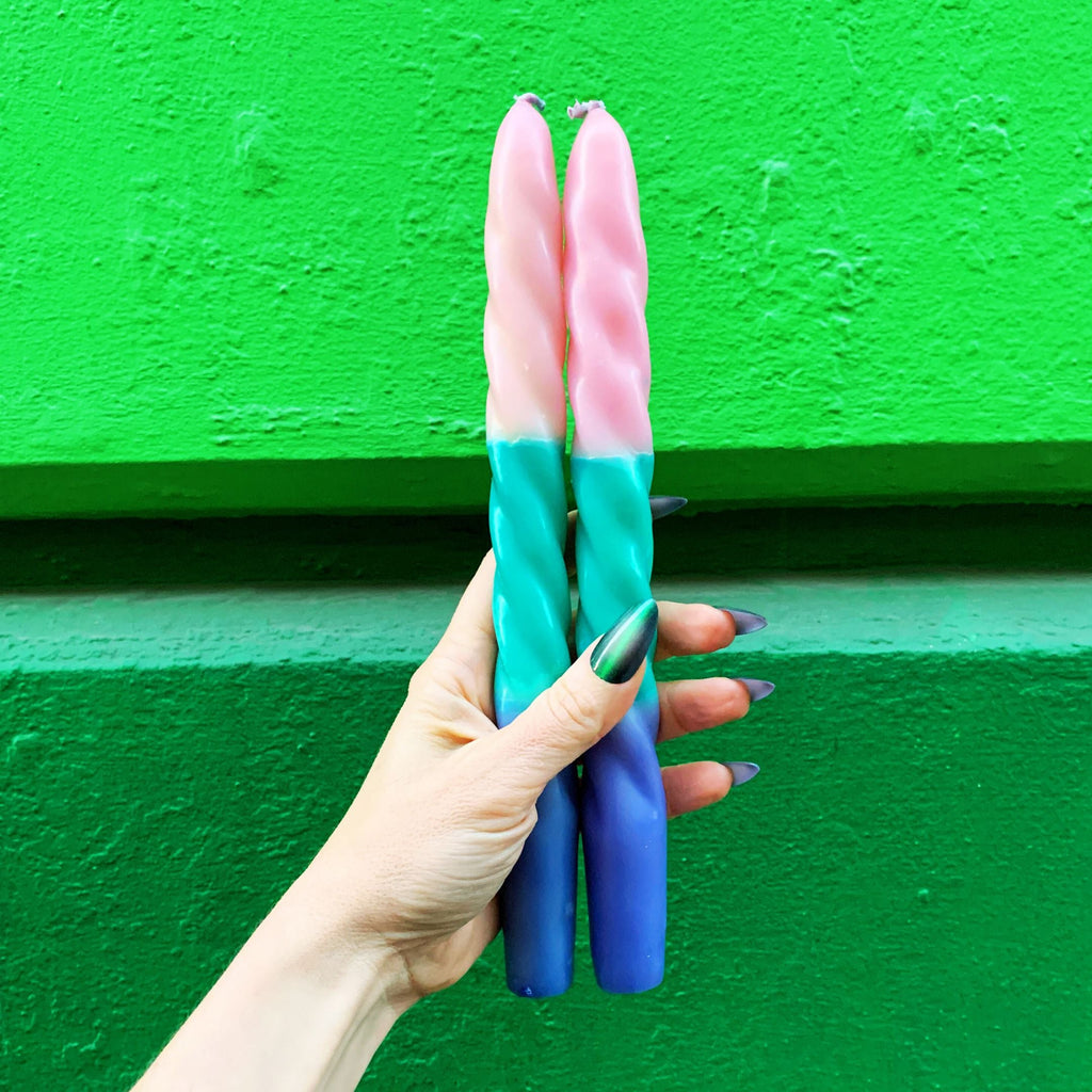 Set of 2 Pastel Taper Candle in Pink Green Blue | Aesthetic Tri-Colored Unscented Dinner Candlesticks | Gift for Her by The Bullish Store