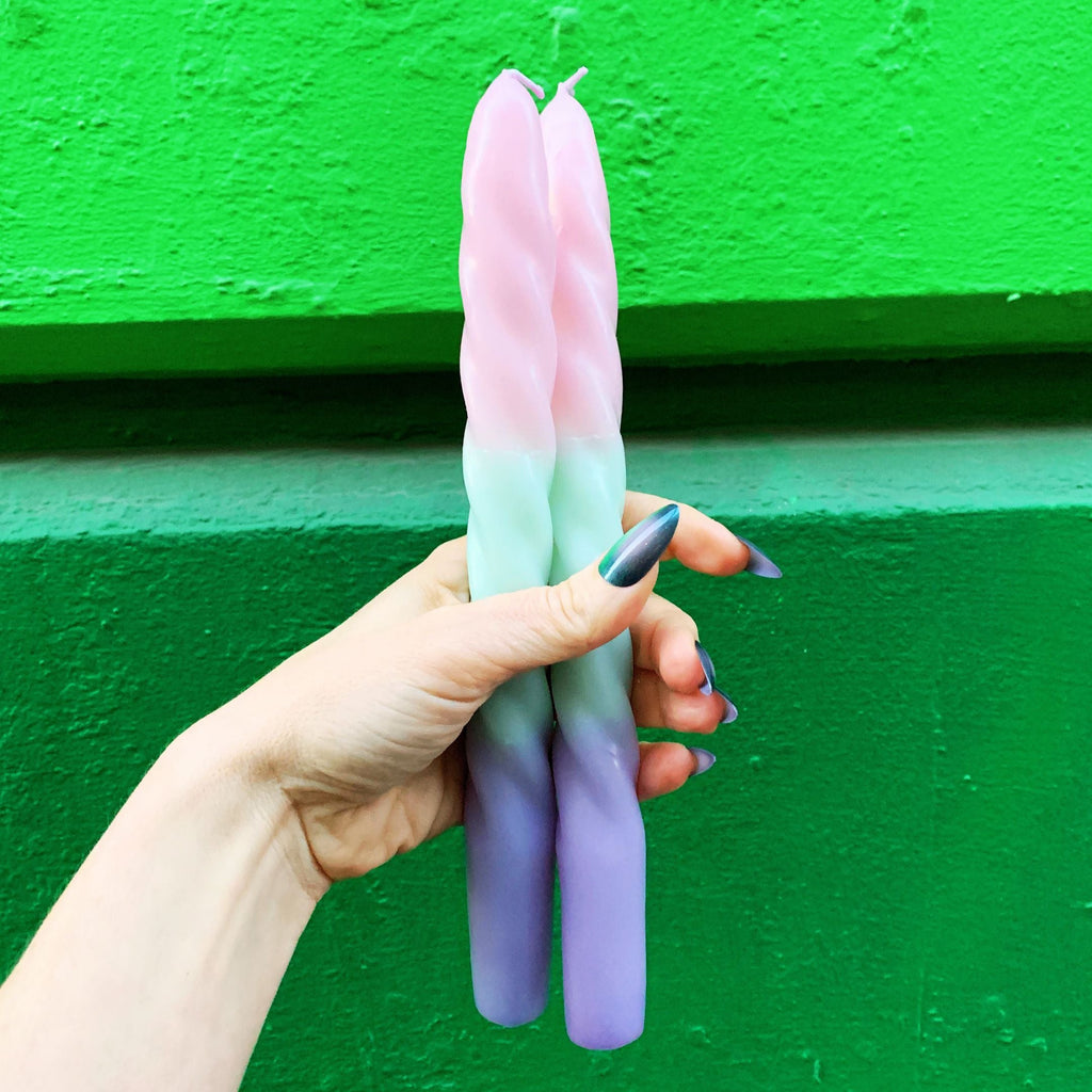 Set of 2 Pastel Taper Candle in Pink Mint Purple | Aesthetic Spiral Ombre Unscented Dinner Candlesticks | Gift for Her by The Bullish Store