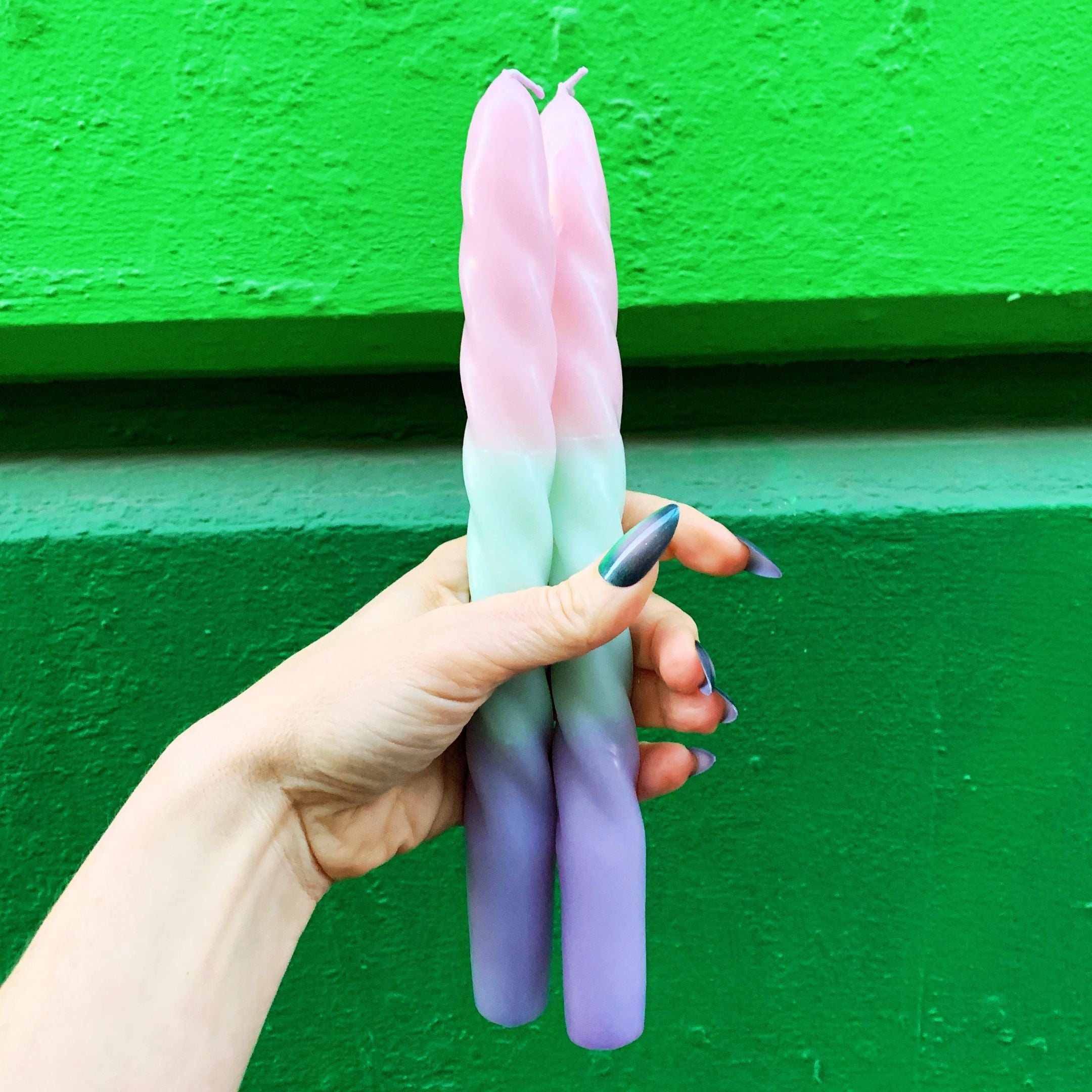 Set of 2 Pastel Taper Candle in Pink Mint Purple | Aesthetic Spiral Ombre Unscented Dinner Candlesticks | Gift for Her by The Bullish Store