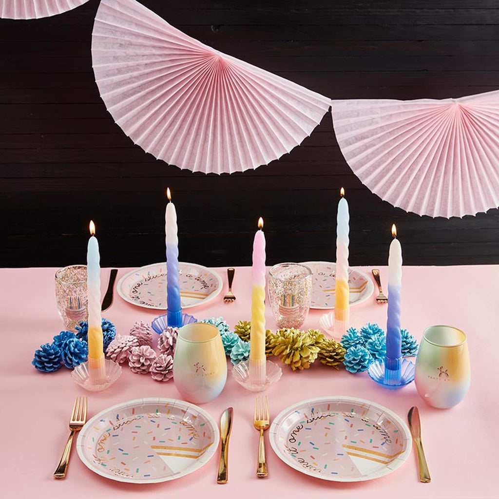 Set of 2 Taper Candle in Light Blue Pink Yellow | Aesthetic Spiral Unscented Table Candlesticks | Gift for Her by The Bullish Store