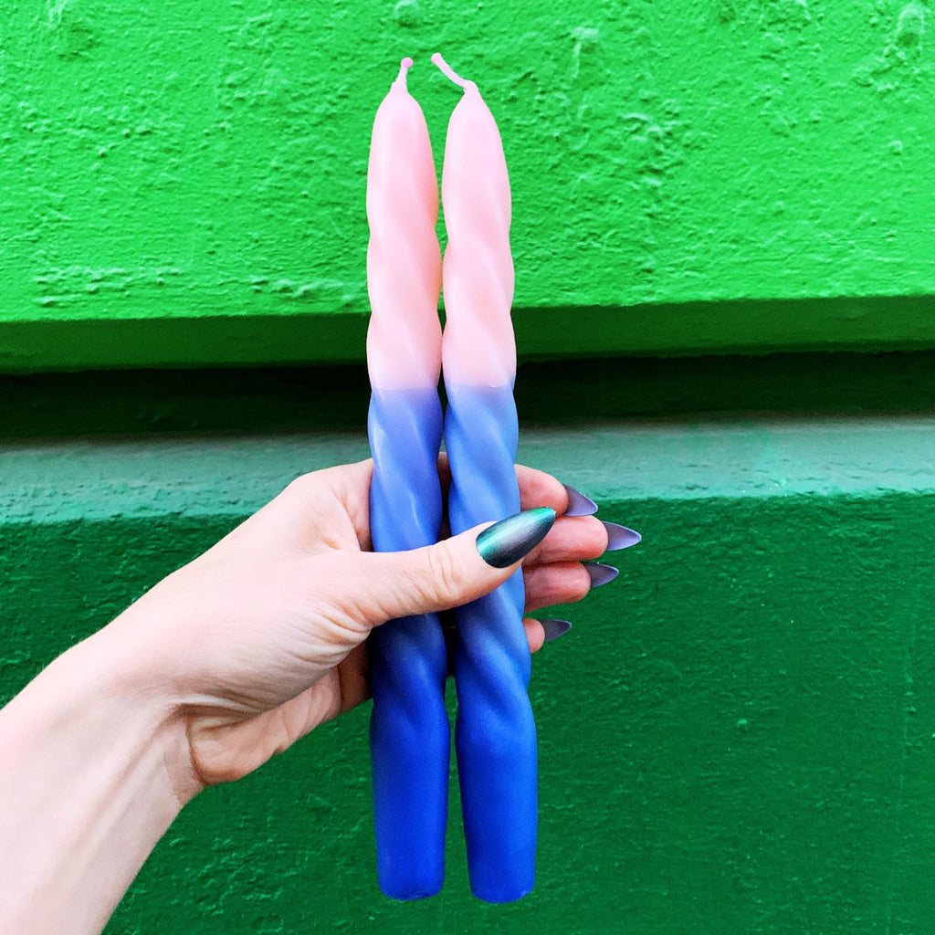 Set of 2 Taper Candle in Pink - Light Blue - Blue | Aesthetic Spiral Unscented Table Candlesticks | Gift for Her by The Bullish Store