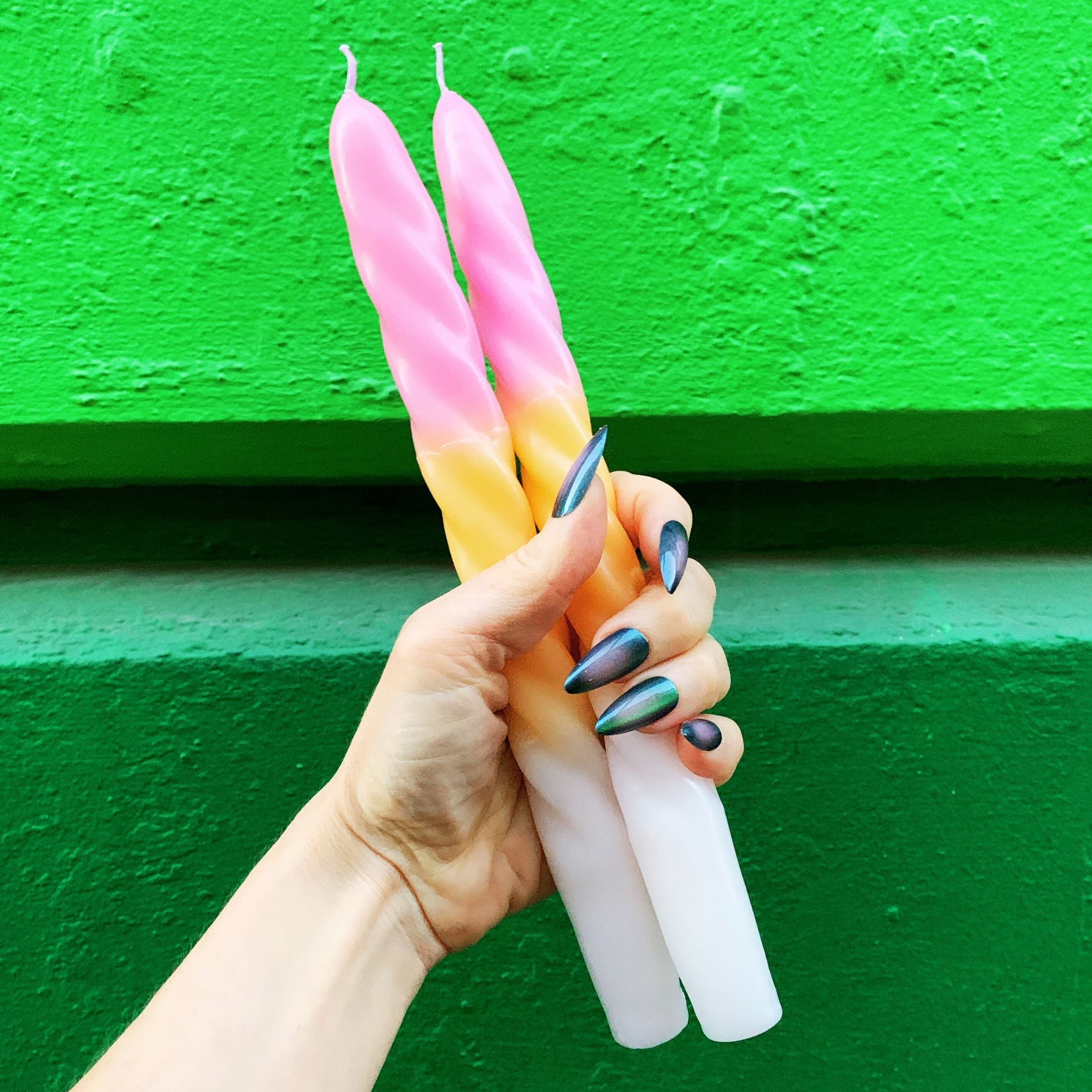 Set of 2 Taper Candle in Pink Yellow White | Spiral Unscented Aesthetic Dinner Candlesticks | Gift for Her by The Bullish Store